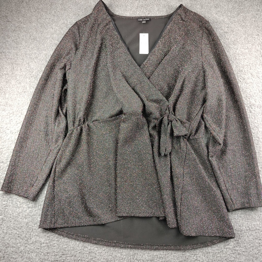 Lane Bryant Blouse Sz 22/24 Metallic Sparkle Wrap Top Black Office NWT